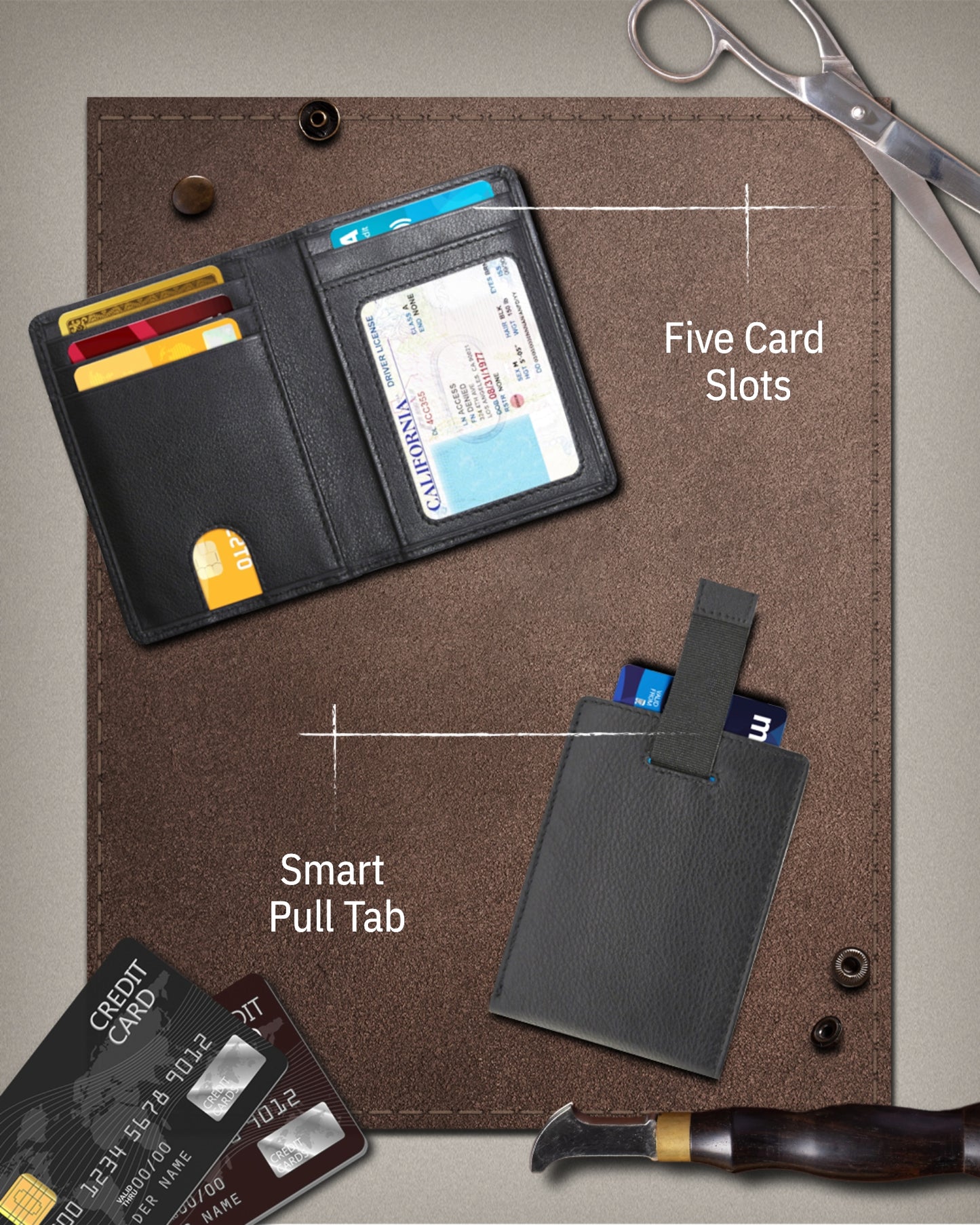 Genuine Leather Slim Bifold Wallet – Pull-Strap Card Access, RFID Blocking