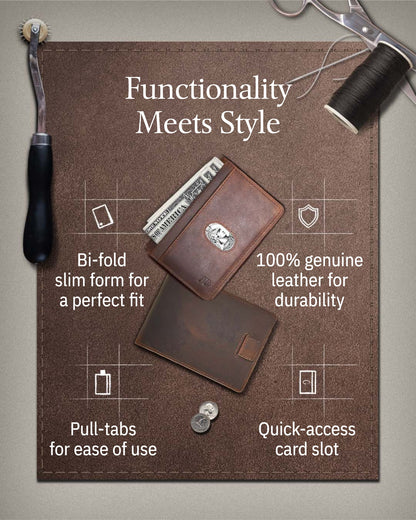 Genuine Leather Slim Bifold Wallet – Pull-Strap Card Access, RFID Blocking