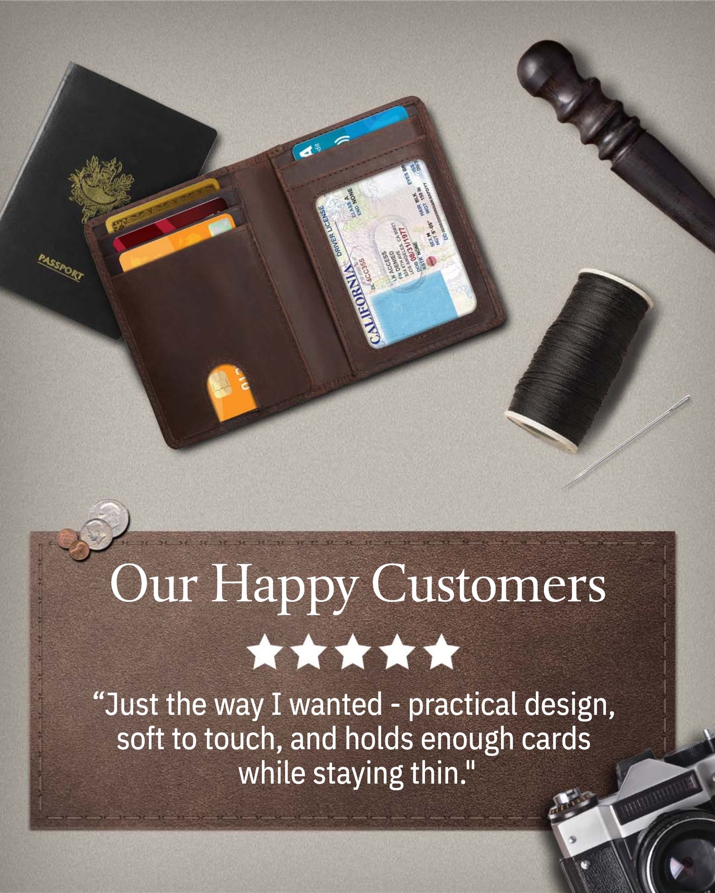 Genuine Leather Slim Bifold Wallet – Pull-Strap Card Access, RFID Blocking