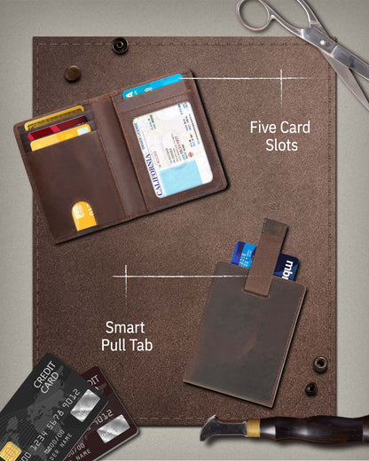 Genuine Leather Slim Bifold Wallet – Pull-Strap Card Access, RFID Blocking