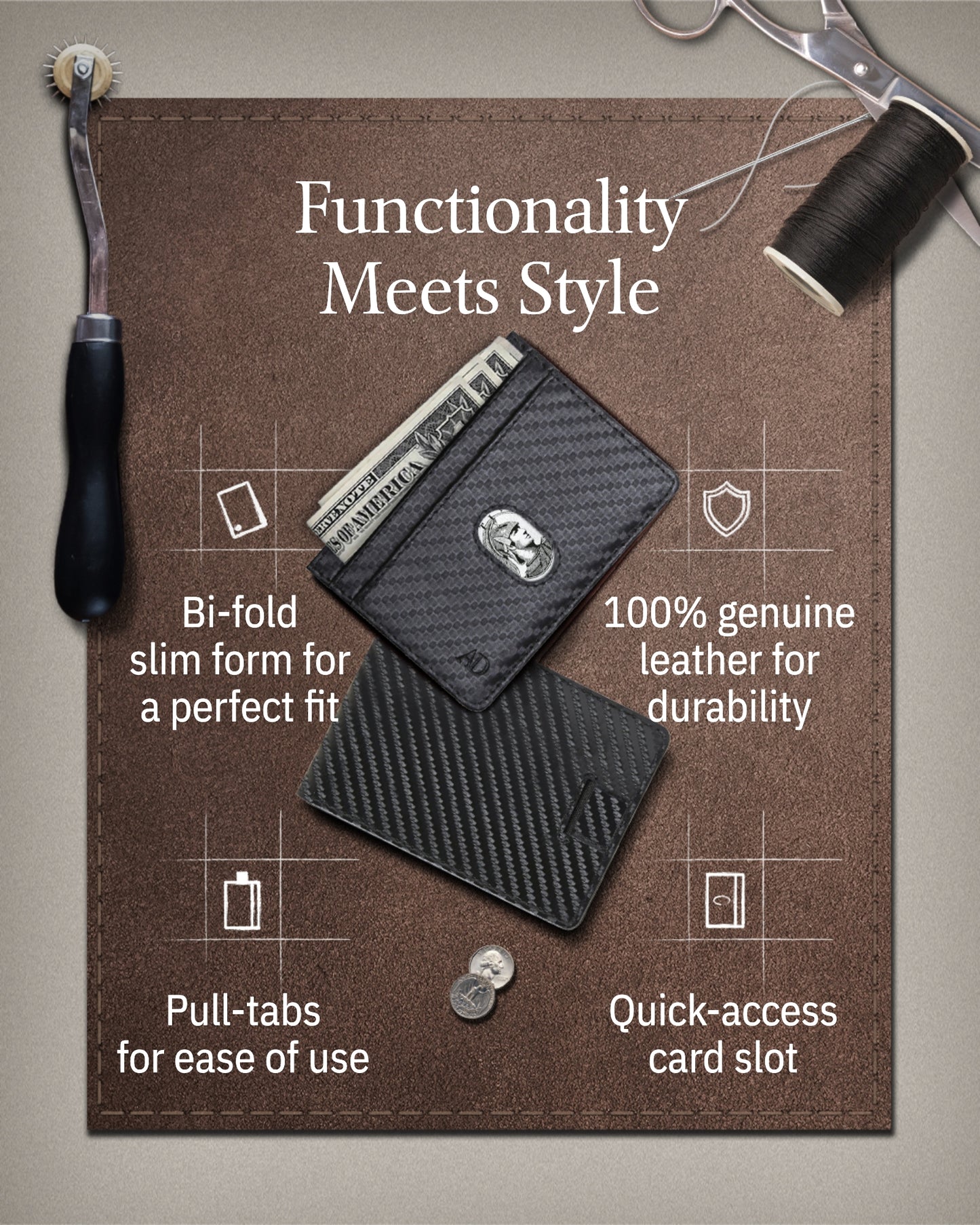 Genuine Leather Slim Bifold Wallet – Pull-Strap Card Access, RFID Blocking