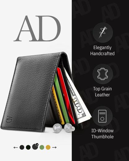 Genuine Leather Slim Bifold Wallet – ID Window, RFID Blocking