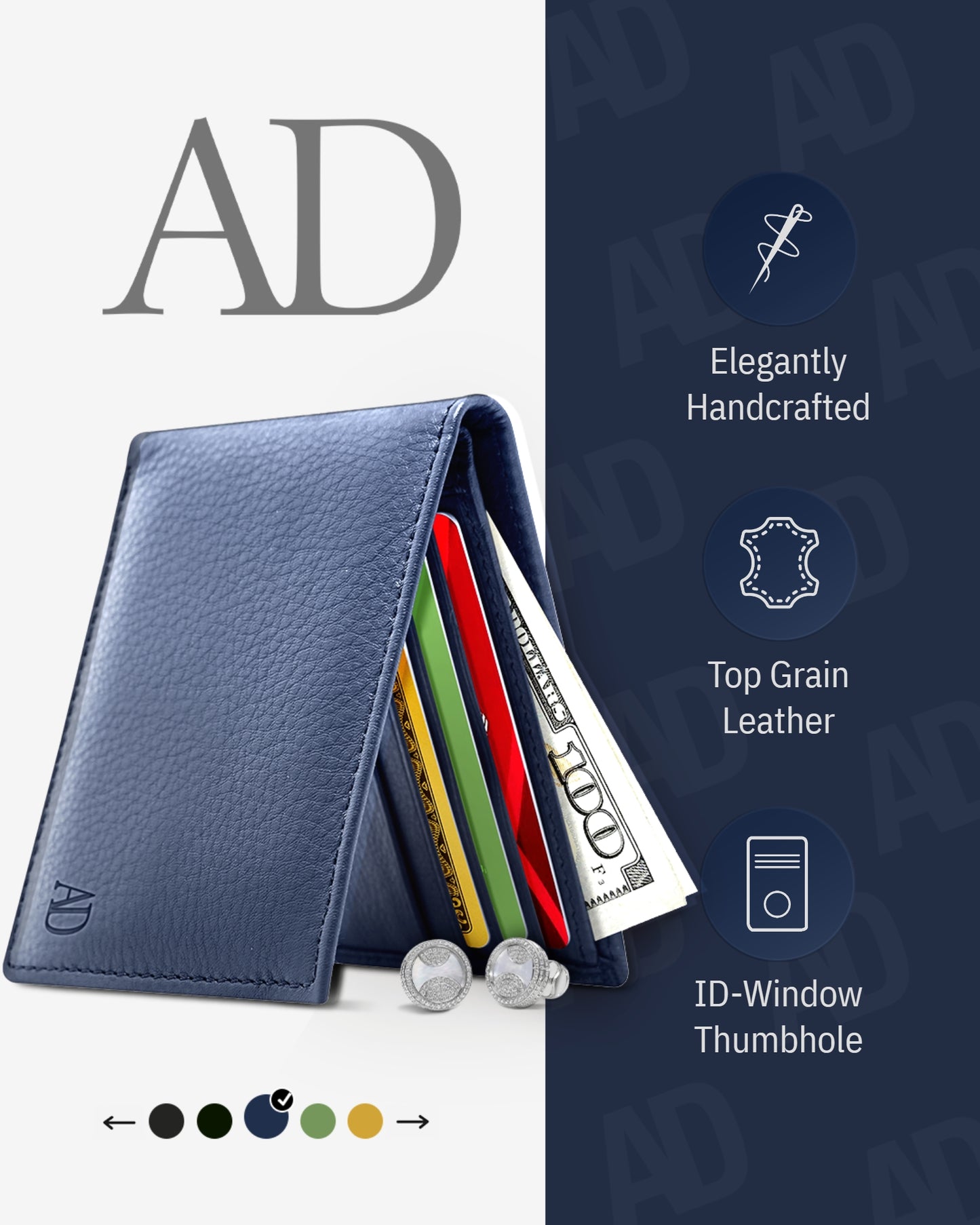 Genuine Leather Slim Bifold Wallet – ID Window, RFID Blocking