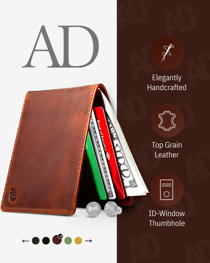 Genuine Leather Slim Bifold Wallet – ID Window, RFID Blocking