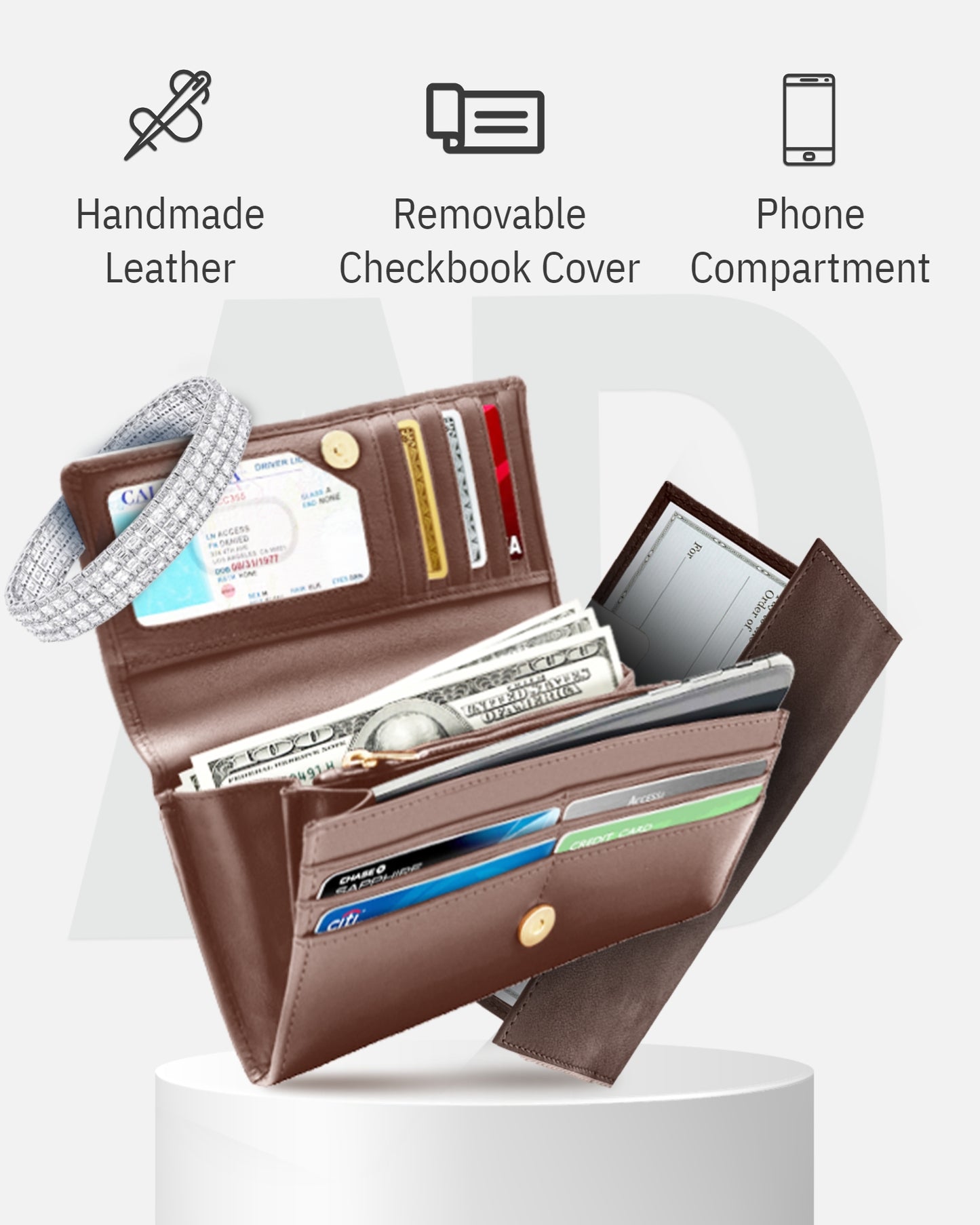 Genuine Leather Accordion Clutch – Removable Checkbook Holder, RFID Blocking