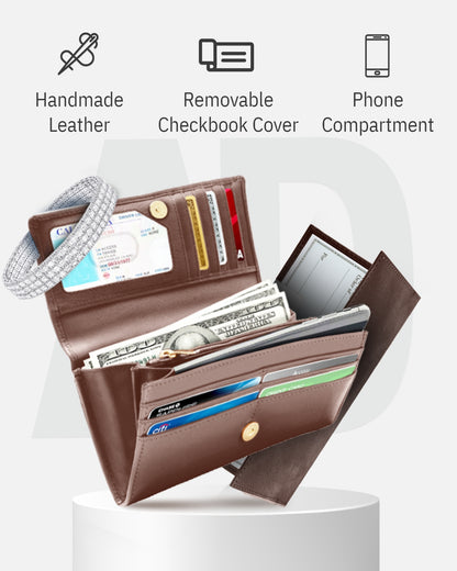 Genuine Leather Accordion Clutch – Removable Checkbook Holder, RFID Blocking
