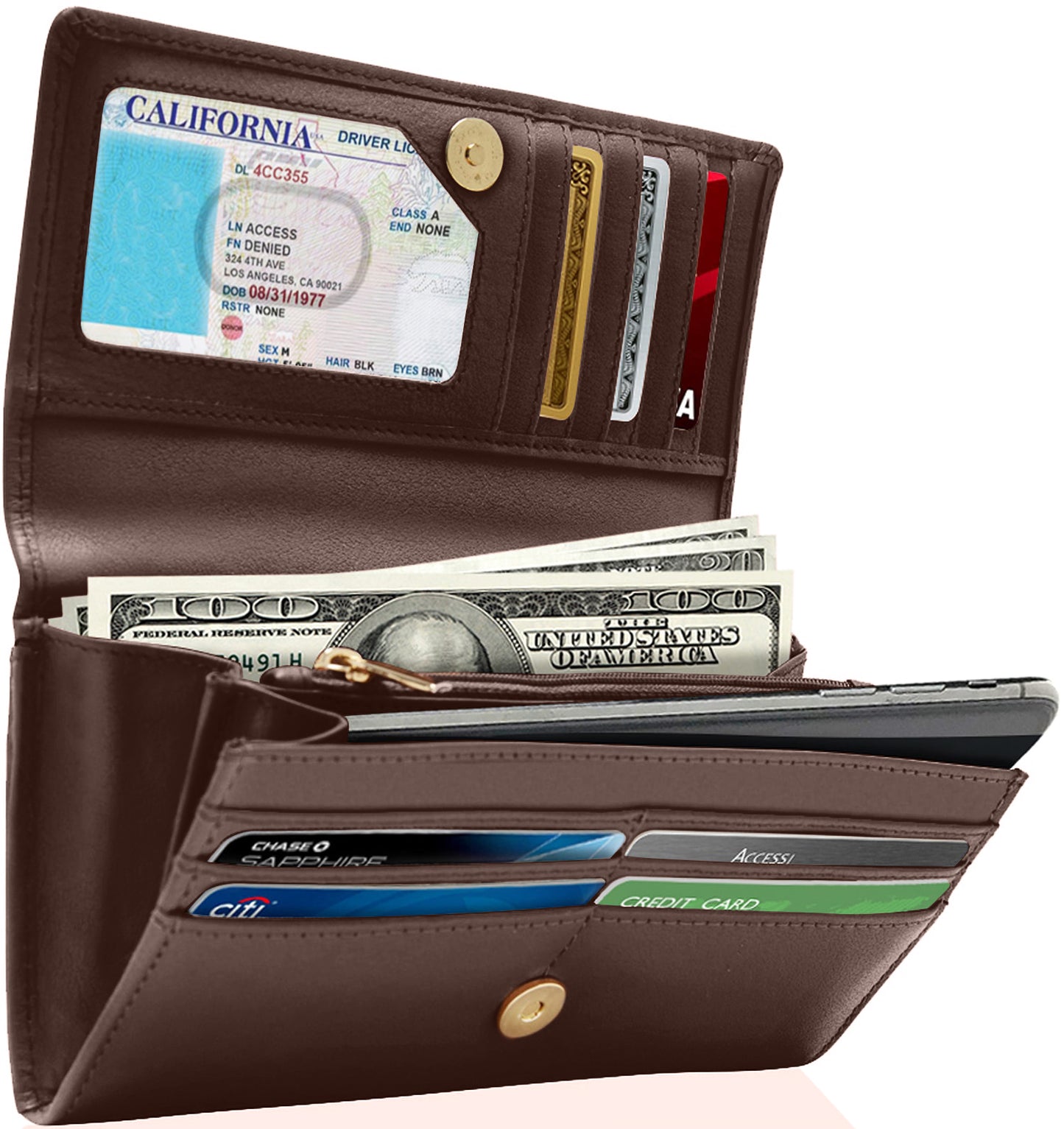 Genuine Leather Accordion Clutch – Removable Checkbook Holder, RFID Blocking