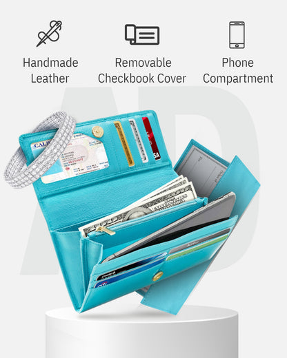 Genuine Leather Accordion Clutch – Removable Checkbook Holder, RFID Blocking