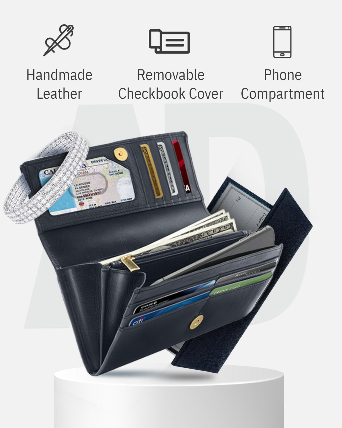 Genuine Leather Accordion Clutch – Removable Checkbook Holder, RFID Blocking