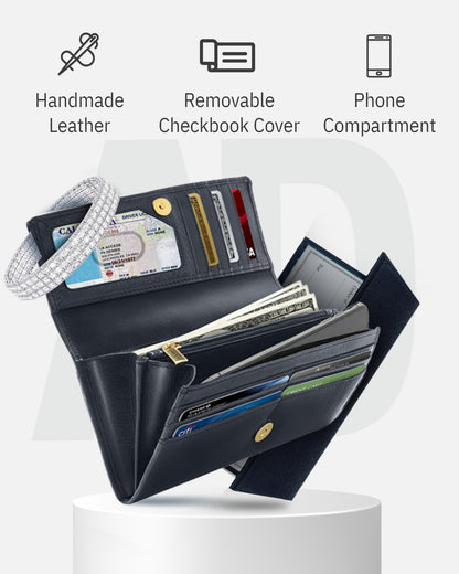 Genuine Leather Accordion Clutch – Removable Checkbook Holder, RFID Blocking