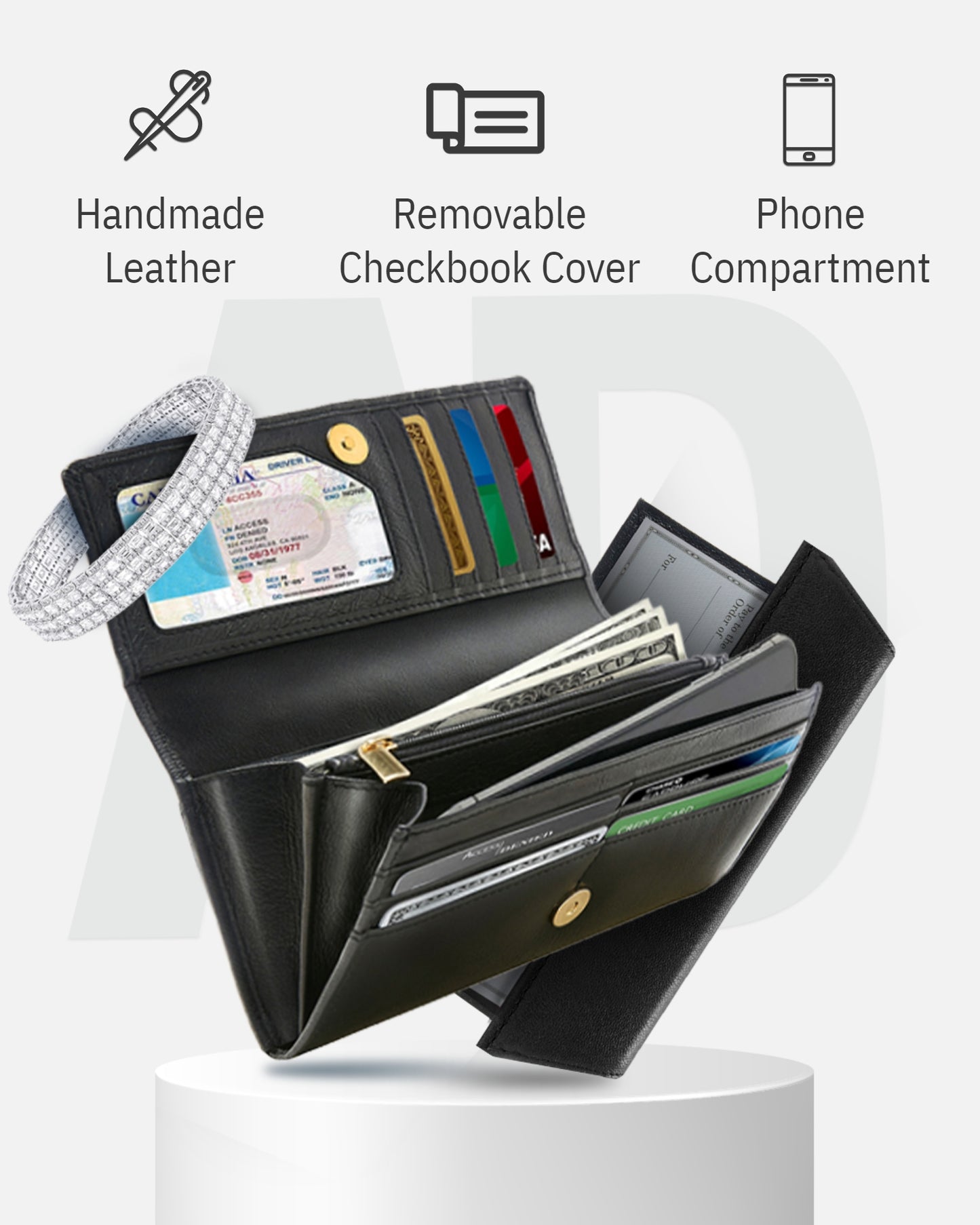 Genuine Leather Accordion Clutch – Removable Checkbook Holder, RFID Blocking