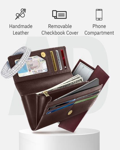 Genuine Leather Accordion Clutch – Removable Checkbook Holder, RFID Blocking