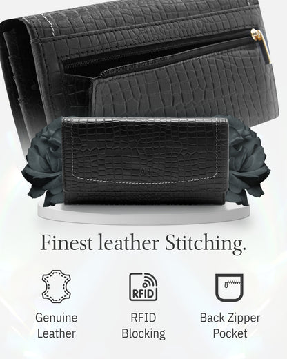 Genuine Leather Accordion Clutch Wallet – Zip Coin Pocket, RFID Blocking