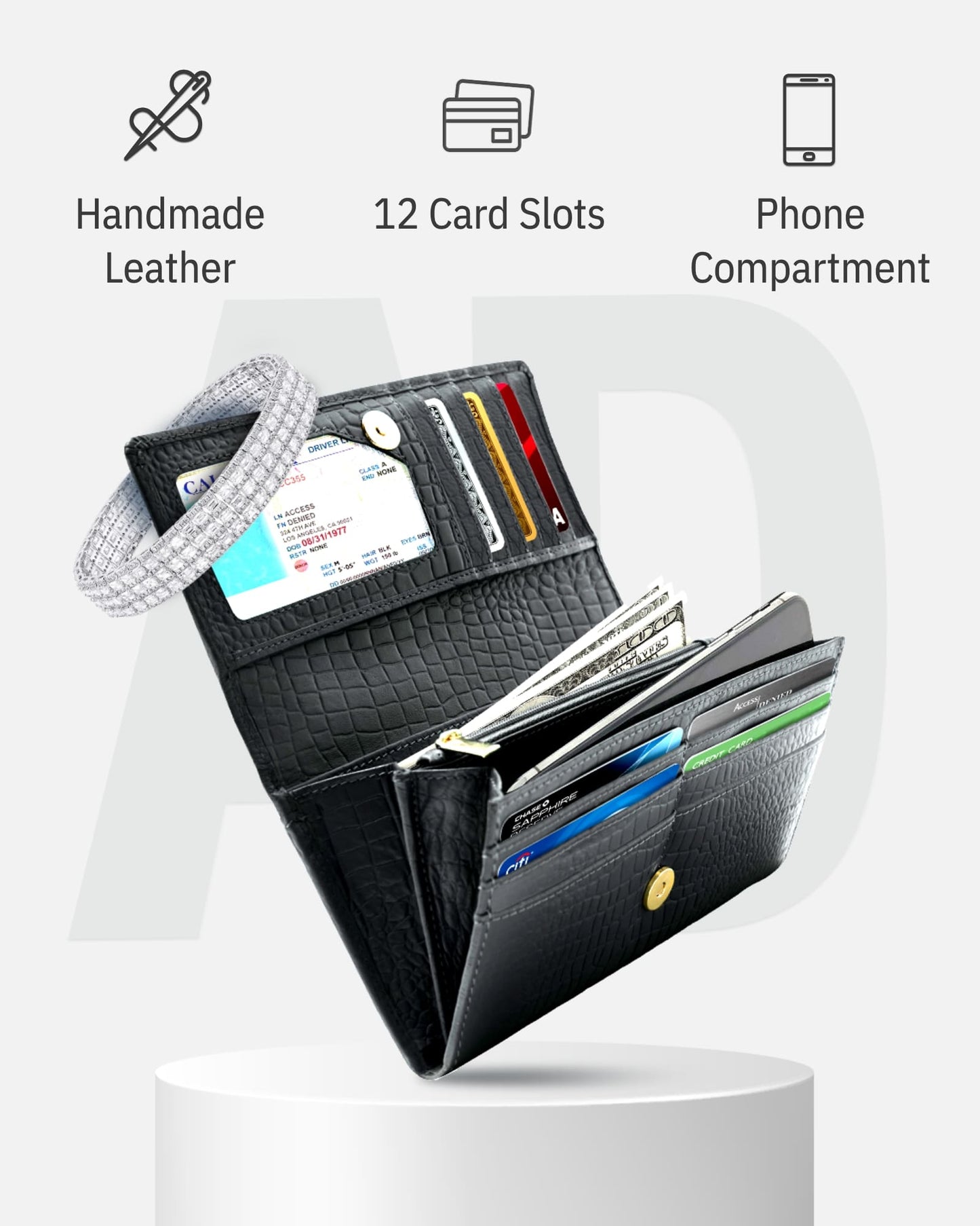 Genuine Leather Accordion Clutch Wallet – Zip Coin Pocket, RFID Blocking