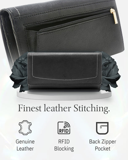 Genuine Leather Accordion Clutch Wallet – Zip Coin Pocket, RFID Blocking