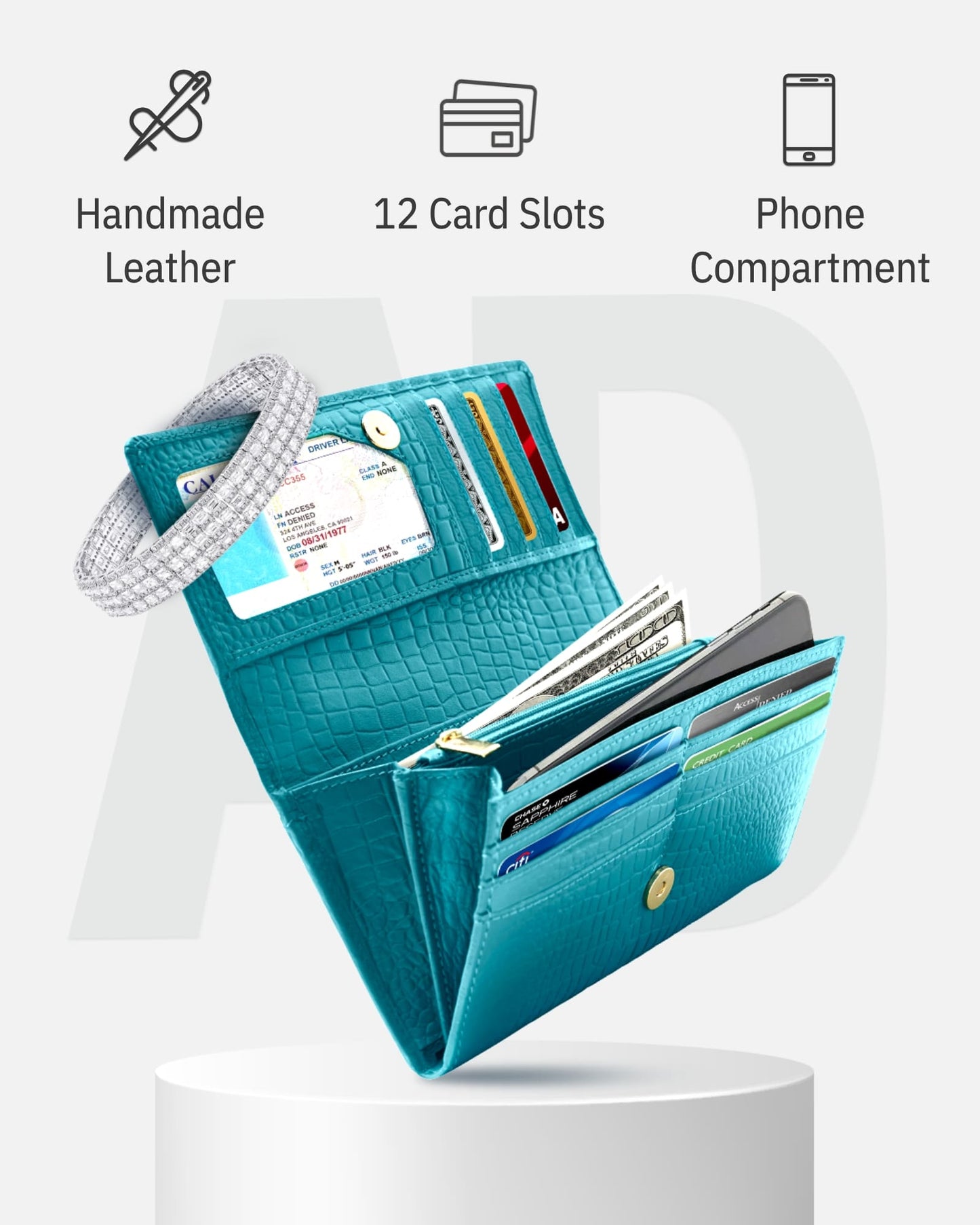 Genuine Leather Accordion Clutch Wallet – Zip Coin Pocket, RFID Blocking