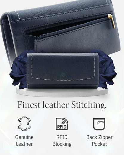 Genuine Leather Accordion Clutch Wallet – Zip Coin Pocket, RFID Blocking