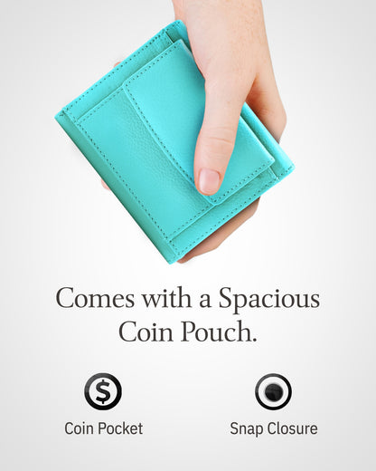 Genuine Leather Trifold Coin Wallet – ID Window, Snap Coin Pocket, RFID Blocking