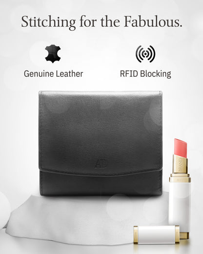 Genuine Leather Trifold Coin Wallet – ID Window, Snap Coin Pocket, RFID Blocking