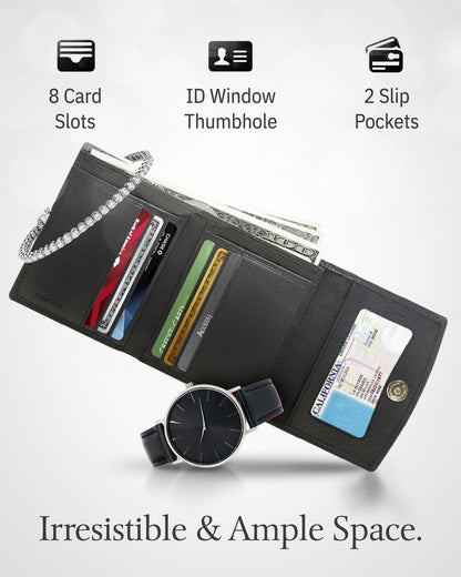 Genuine Leather Trifold Coin Wallet – ID Window, Snap Coin Pocket, RFID Blocking