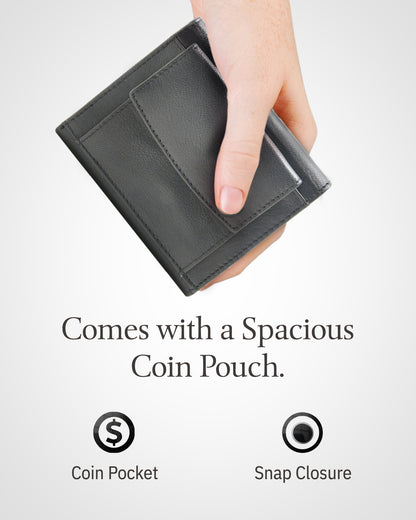 Genuine Leather Trifold Coin Wallet – ID Window, Snap Coin Pocket, RFID Blocking
