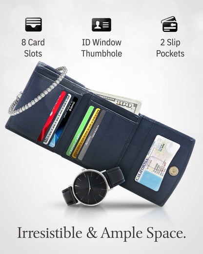 Genuine Leather Trifold Coin Wallet – ID Window, Snap Coin Pocket, RFID Blocking