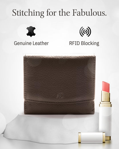 Genuine Leather Trifold Coin Wallet – ID Window, Snap Coin Pocket, RFID Blocking