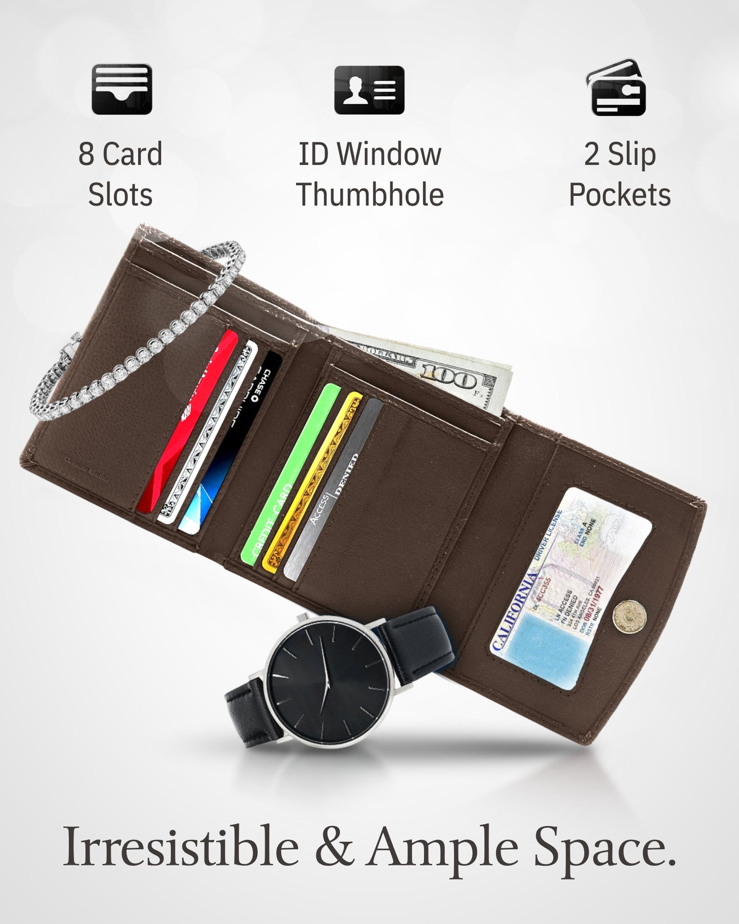 Genuine Leather Trifold Coin Wallet – ID Window, Snap Coin Pocket, RFID Blocking