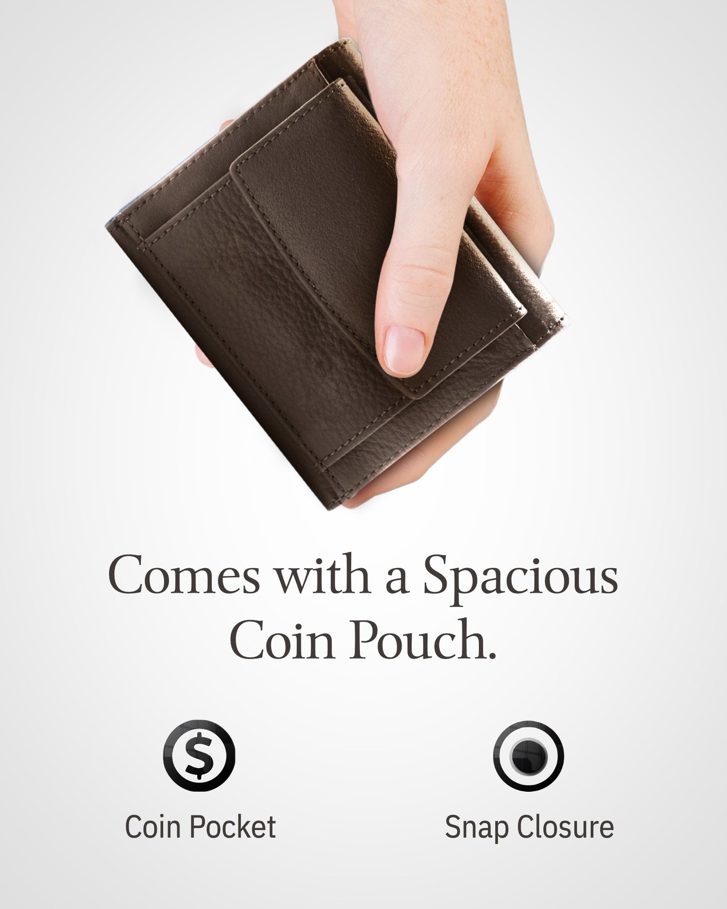 Genuine Leather Trifold Coin Wallet – ID Window, Snap Coin Pocket, RFID Blocking