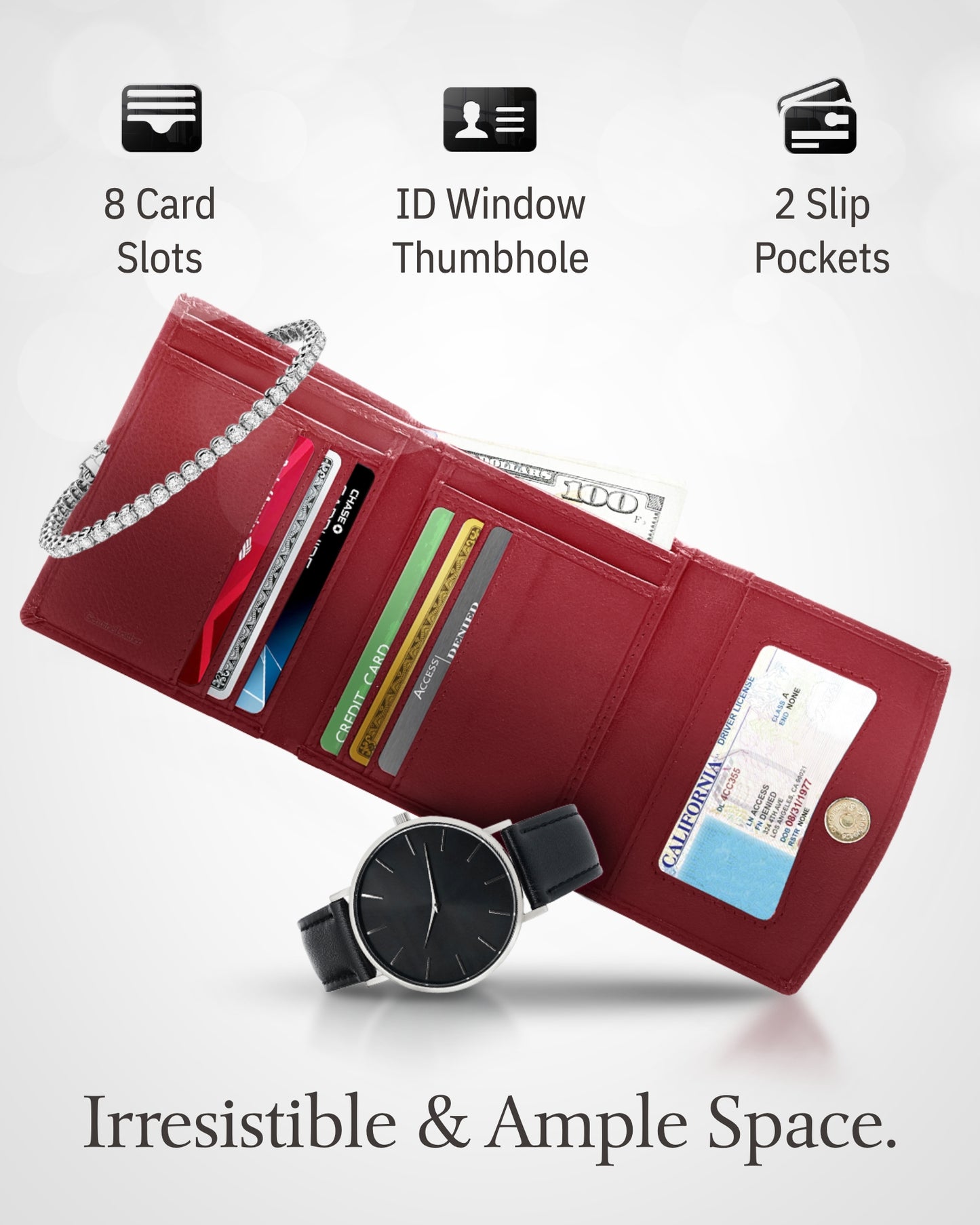 Genuine Leather Trifold Coin Wallet – ID Window, Snap Coin Pocket, RFID Blocking