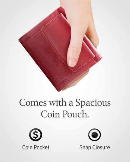 Genuine Leather Trifold Coin Wallet – ID Window, Snap Coin Pocket, RFID Blocking