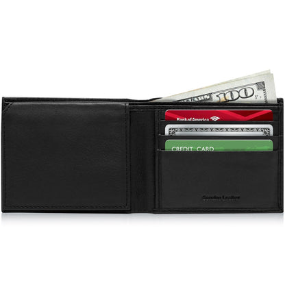 Genuine Leather Bifold Wallet – Flip-Up ID Window, RFID Blocking