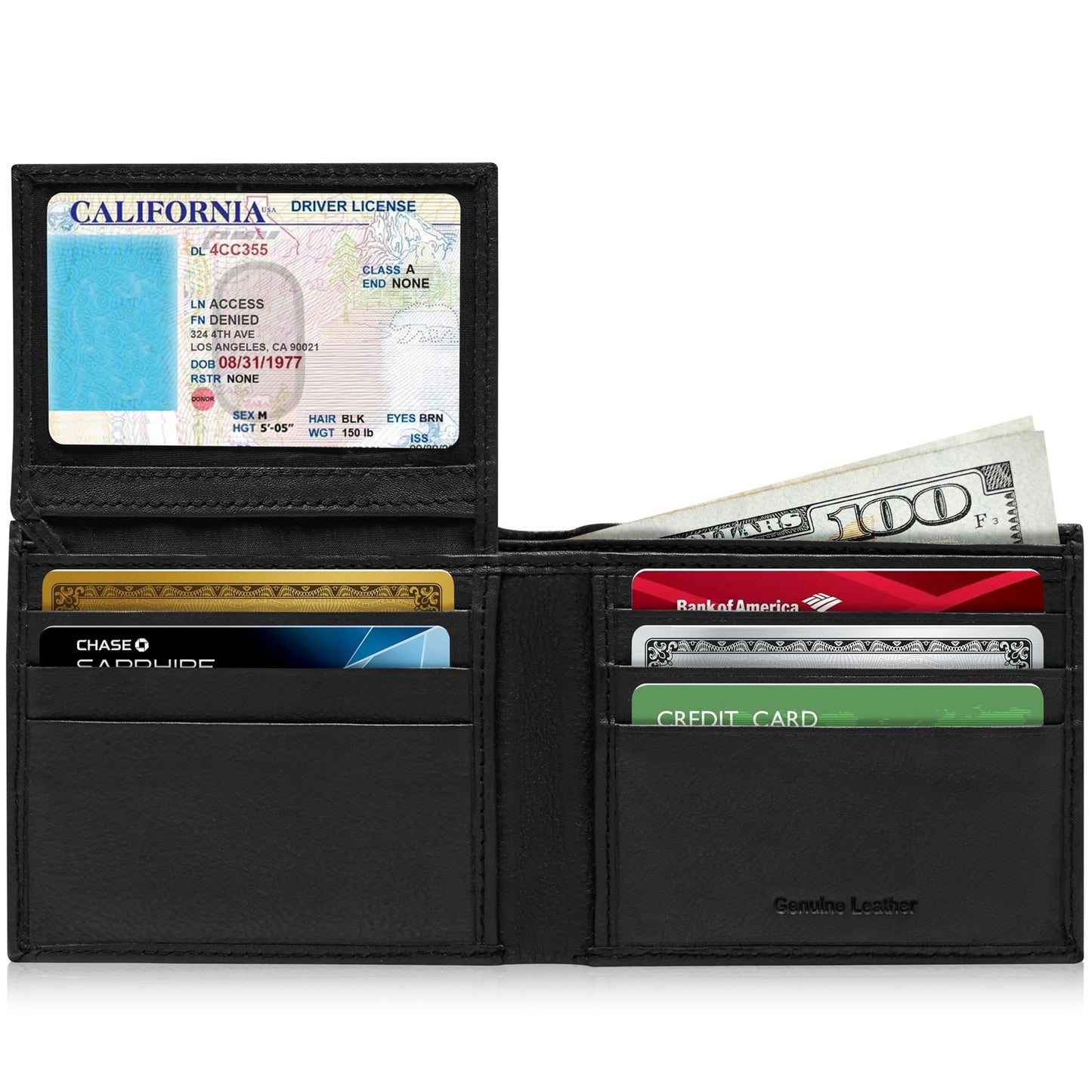 Genuine Leather Bifold Wallet – Flip-Up ID Window, RFID Blocking