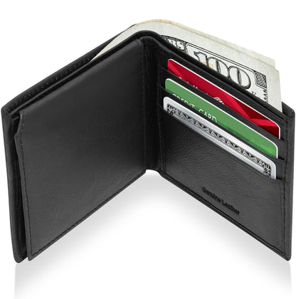 Genuine Leather Bifold Wallet – Flip-Up ID Window, RFID Blocking