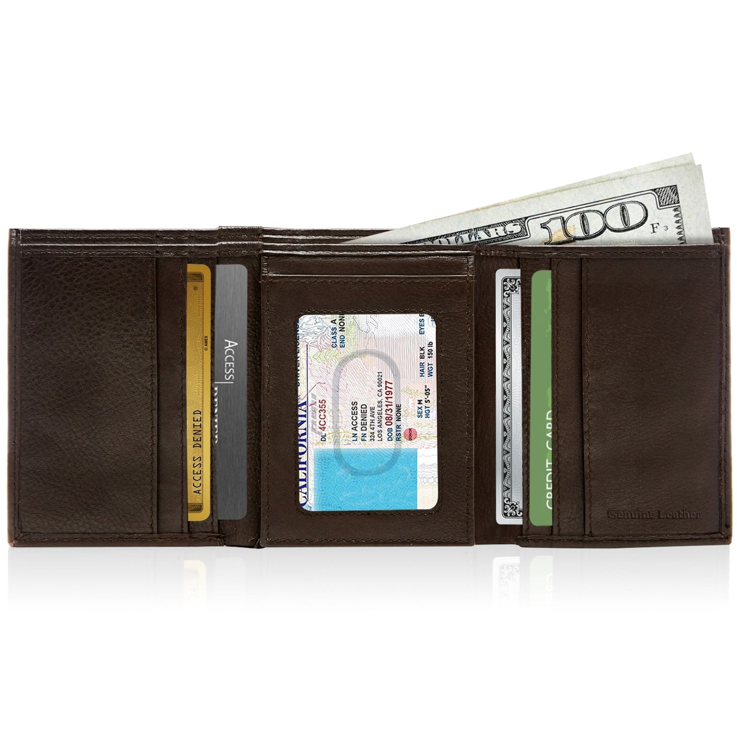 Genuine Leather Trifold Wallet – Flip-Up Dual ID Windows, RFID Blocking