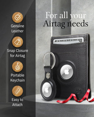 Genuine Leather Money Clip Wallet and Airtag Keychain Gift Set