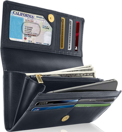 Genuine Leather Accordion Clutch Wallet – Zip Coin Pocket, RFID Blocking
