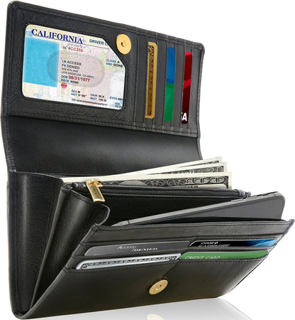 Genuine Leather Accordion Clutch Wallet – Zip Coin Pocket, RFID Blocking