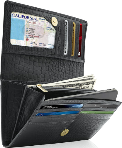 Genuine Leather Accordion Clutch Wallet – Zip Coin Pocket, RFID Blocking