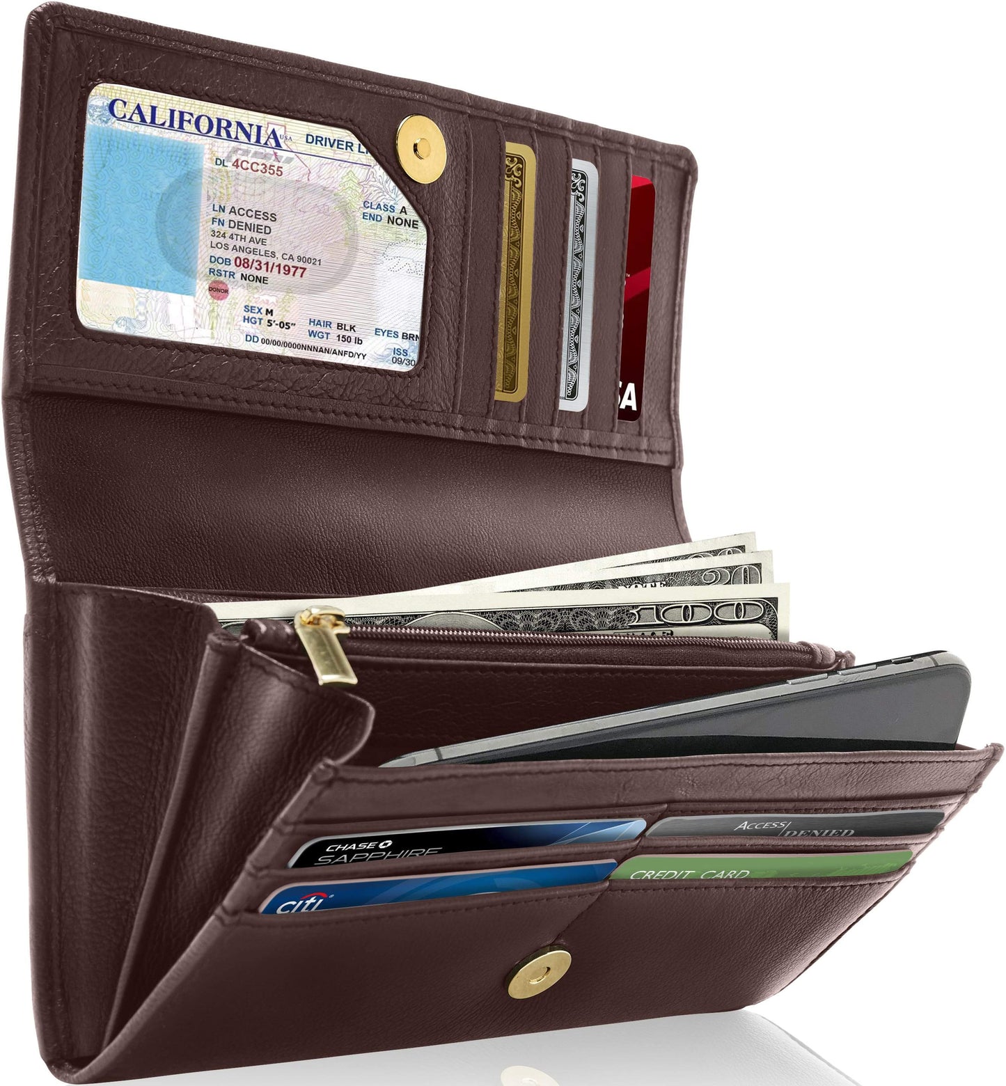 Genuine Leather Accordion Clutch – Removable Checkbook Holder, RFID Blocking