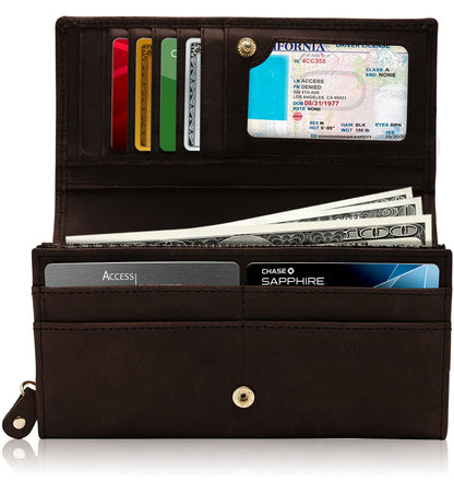 Genuine Leather Floral Accordion Wallet – Zip Pockets, RFID Blocking
