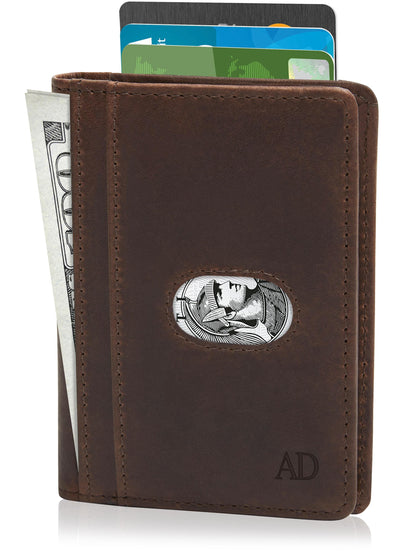 Genuine Leather Slim Bifold Wallet – Pull-Strap Card Access, RFID Blocking