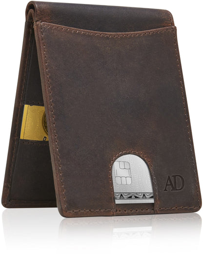 Genuine Leather Pull-Strap Bifold Wallet – Holds 7 Cards, RFID Blocking