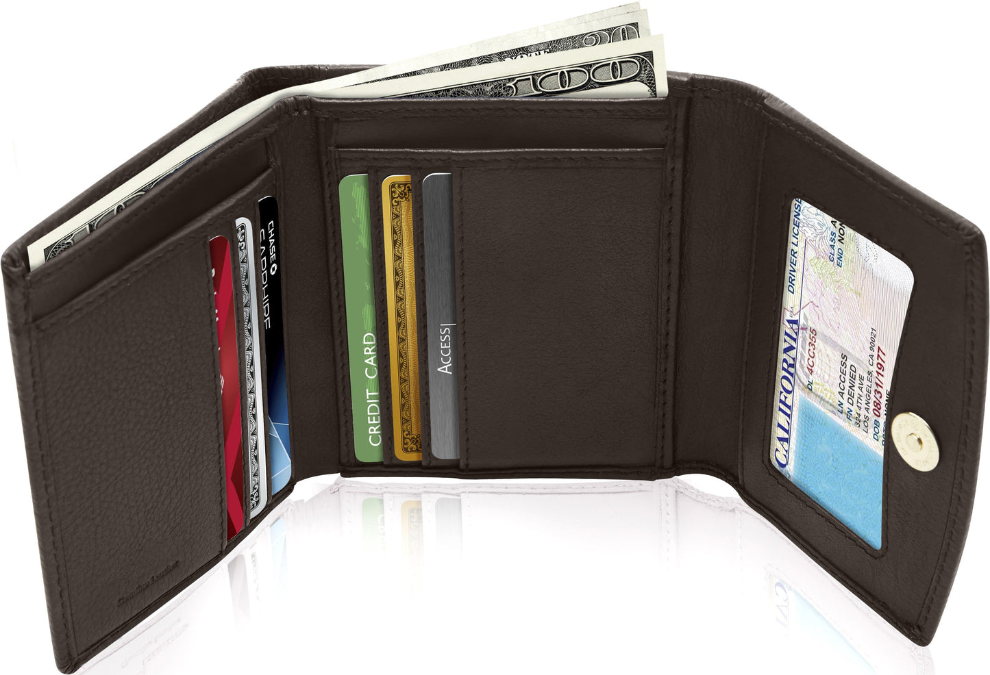 Genuine Leather Trifold Coin Wallet – ID Window, Snap Coin Pocket, RFID Blocking