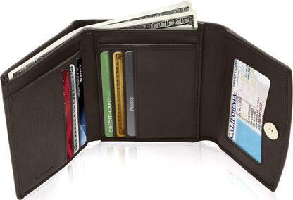 Genuine Leather Trifold Coin Wallet – ID Window, Snap Coin Pocket, RFID Blocking
