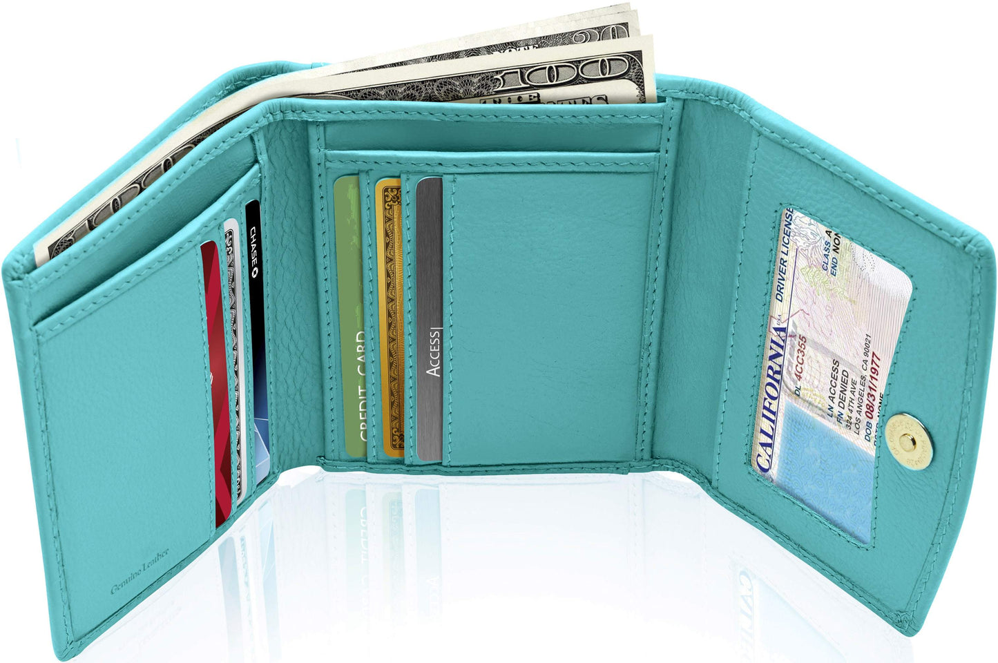 Genuine Leather Trifold Coin Wallet – ID Window, Snap Coin Pocket, RFID Blocking