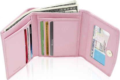 Genuine Leather Trifold Coin Wallet – ID Window, Snap Coin Pocket, RFID Blocking