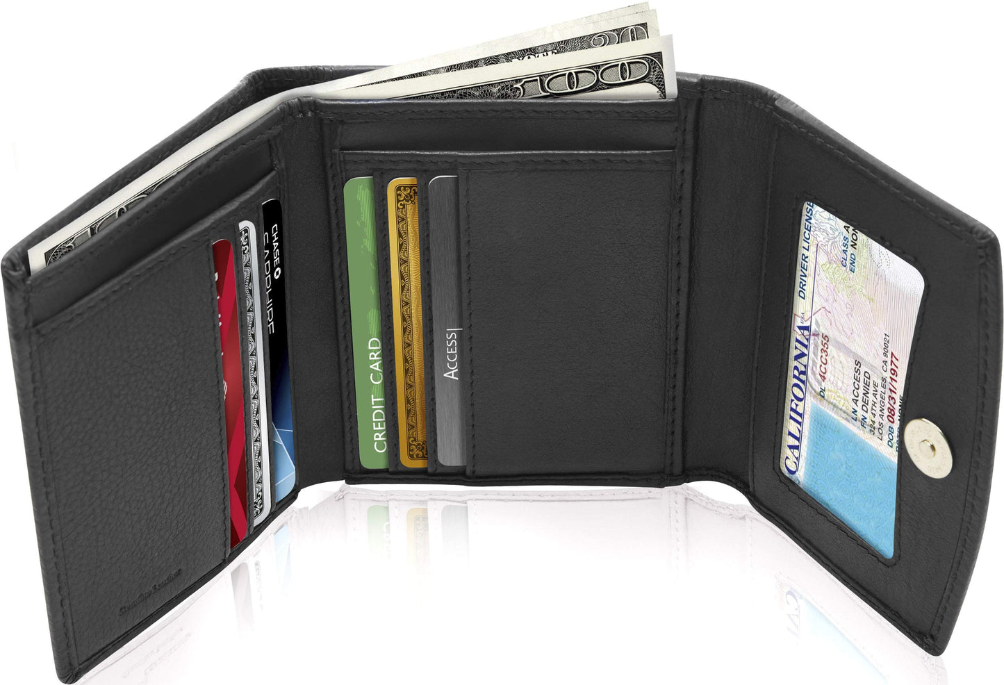 Genuine Leather Trifold Coin Wallet – ID Window, Snap Coin Pocket, RFID Blocking