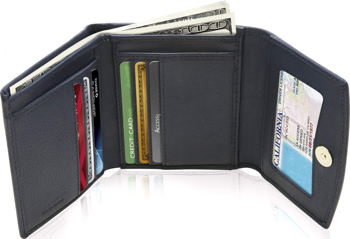 Genuine Leather Trifold Coin Wallet – ID Window, Snap Coin Pocket, RFID Blocking