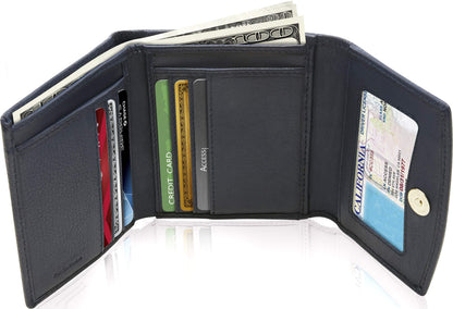 Genuine Leather Trifold Coin Wallet – ID Window, Snap Coin Pocket, RFID Blocking